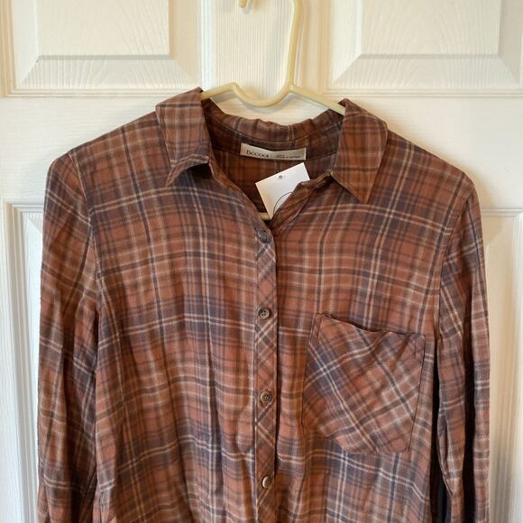 Becool Women’s Small Button Up Long Sleeve Plaid Shirt Brown Checked Rust Light - Picture 3 of 9